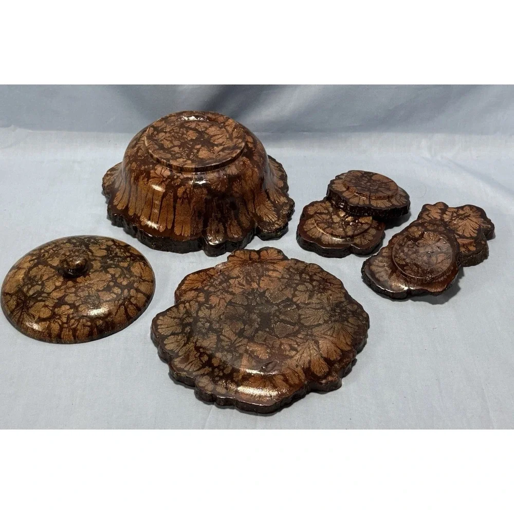 RARE Vintage 7 Piece Chrysanthemum Wood Bowl w/‎ Lid, Plate and 4 Coasters